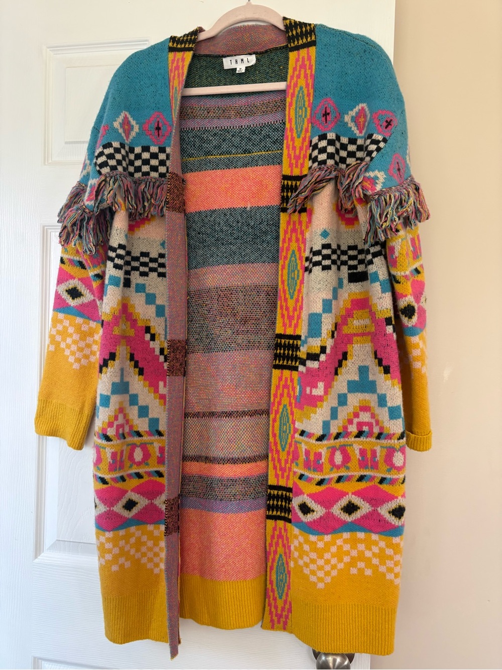 THML Multicolor Aztec Open-Front Fringe Cardigan - Teal, Mustard, Pink